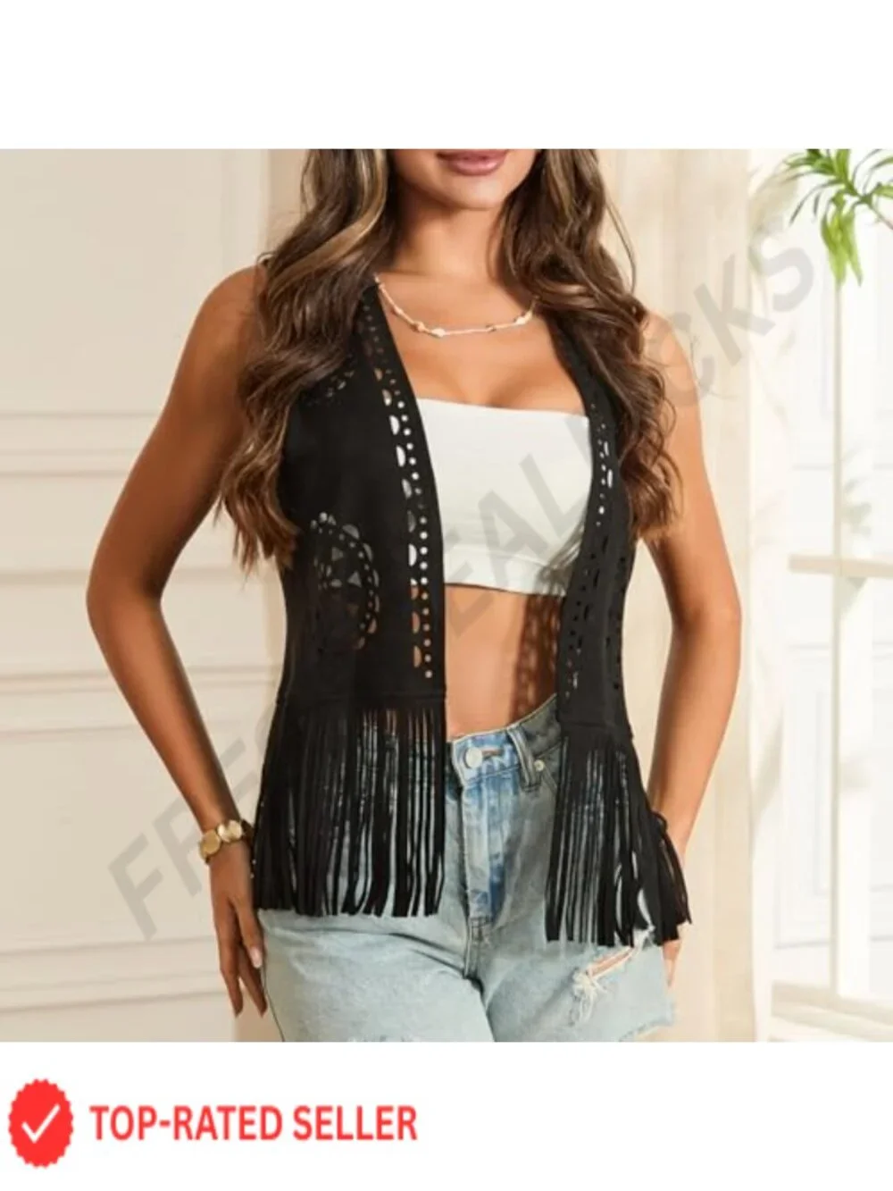 Suede Tassel Fringe Vest 70s Hippie Cowgirl Western Open Front Sleeveless Jacket